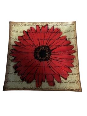 STOKES Red and Brown Glass Art with Floral Design Tray Display